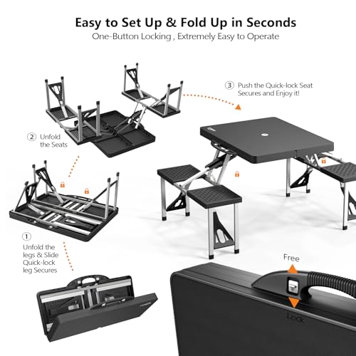 4ft Portable Folding Picnic Table with Four Seats and Umbrella Hole