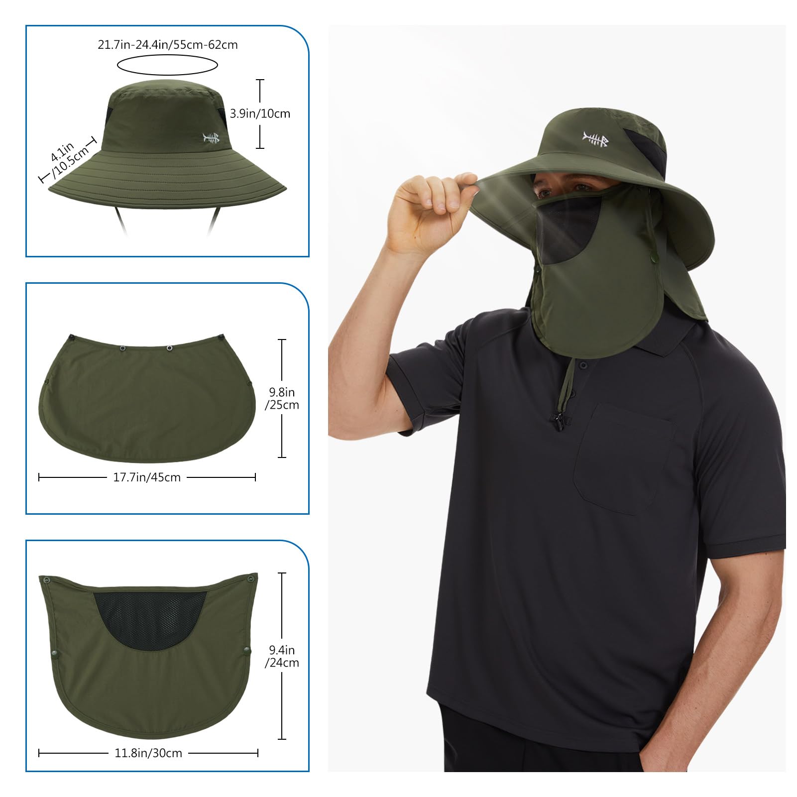 UPF 50 Breathable Sun Hat with Face Cover Neck Flap Wide Brim