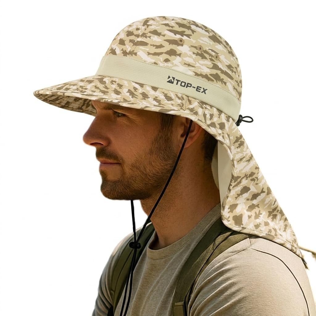 UPF 50 Cooling Wide Brim Sun Hat with Neck Flap for Hiking Fishing
