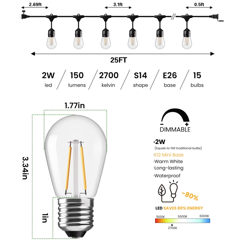 2W Commercial Outdoor String Lights for Patio Garden Lighting