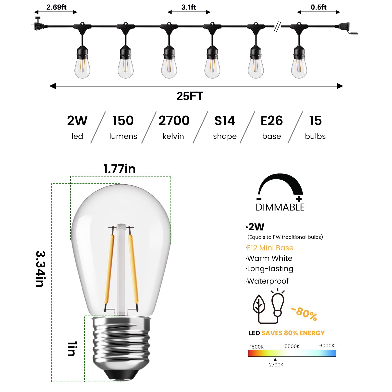 2W Commercial Outdoor String Lights for Patio Garden Lighting