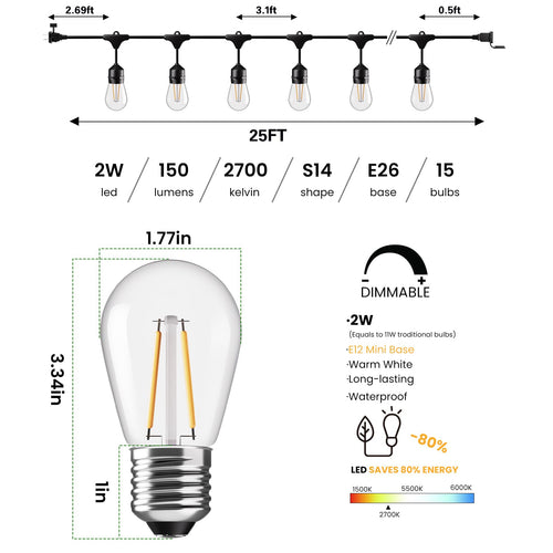 2W Commercial Outdoor String Lights for Patio Garden Lighting