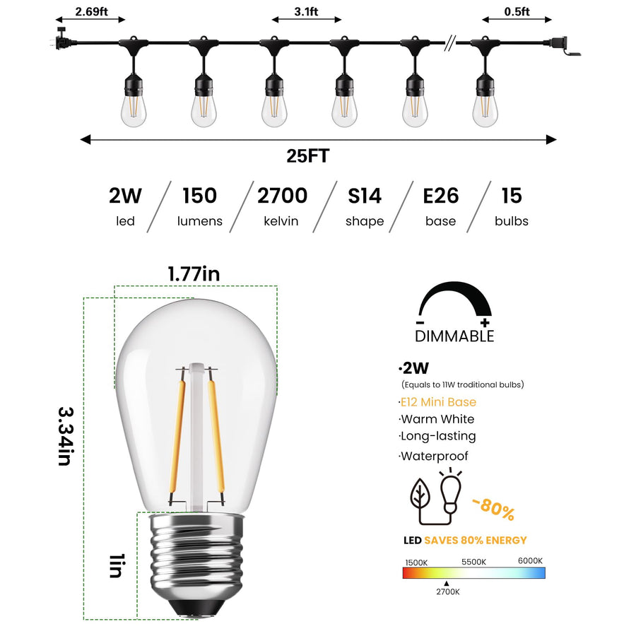 2W Commercial Outdoor String Lights for Patio Garden Lighting
