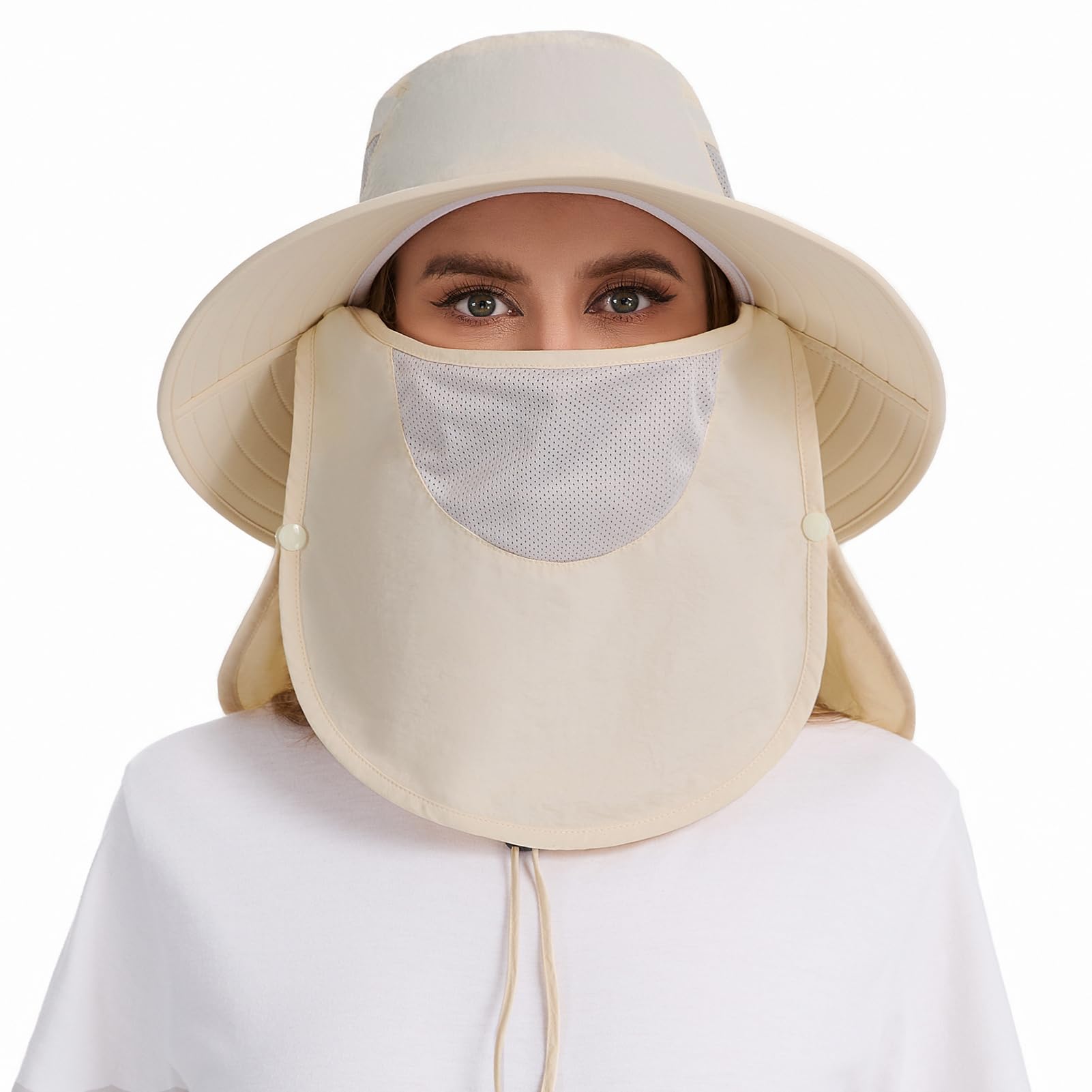 UPF 50 Breathable Sun Hat with Face Cover Neck Flap Wide Brim
