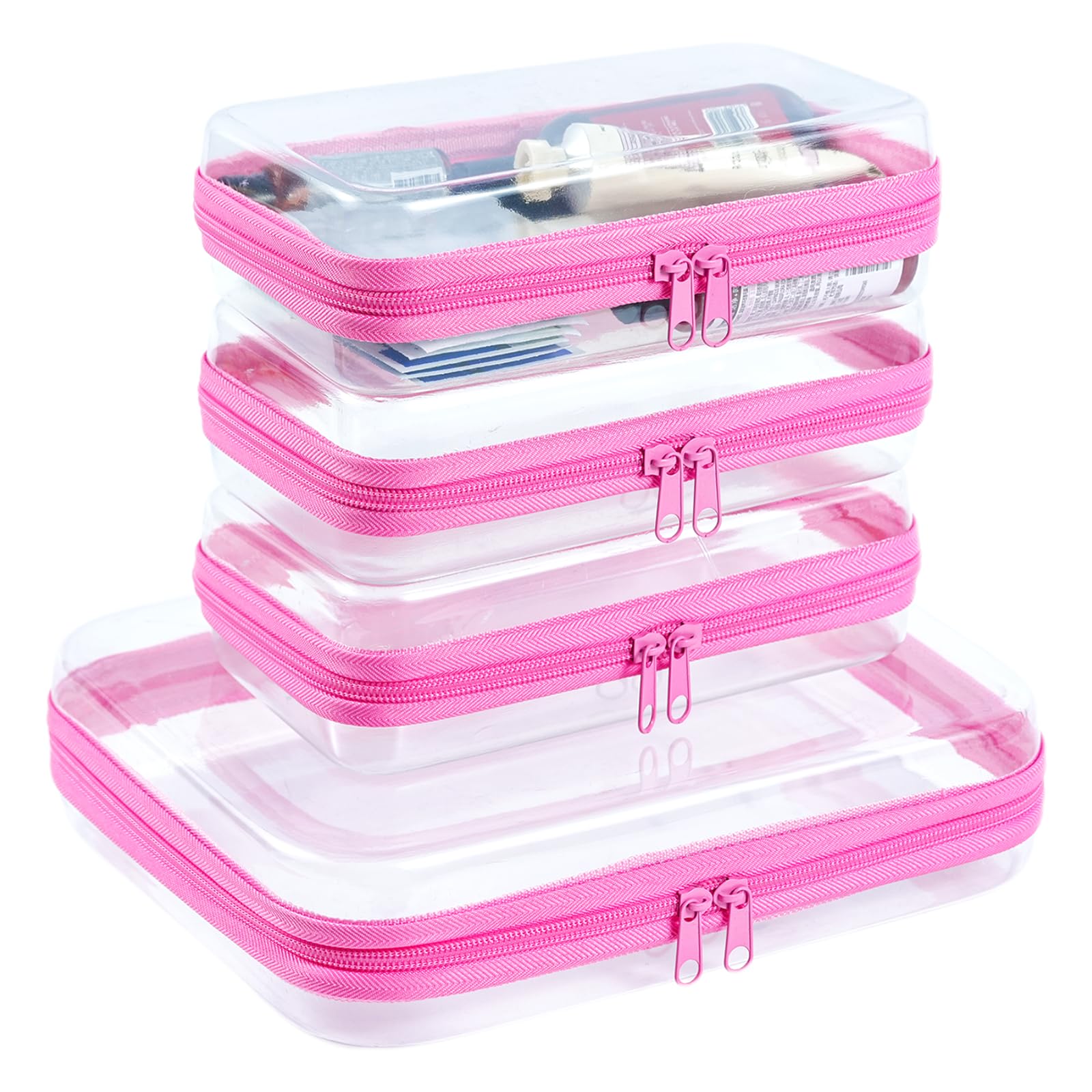 4 Piece Clear Hard Shell Zipper Pouches Travel Toiletry Organizer