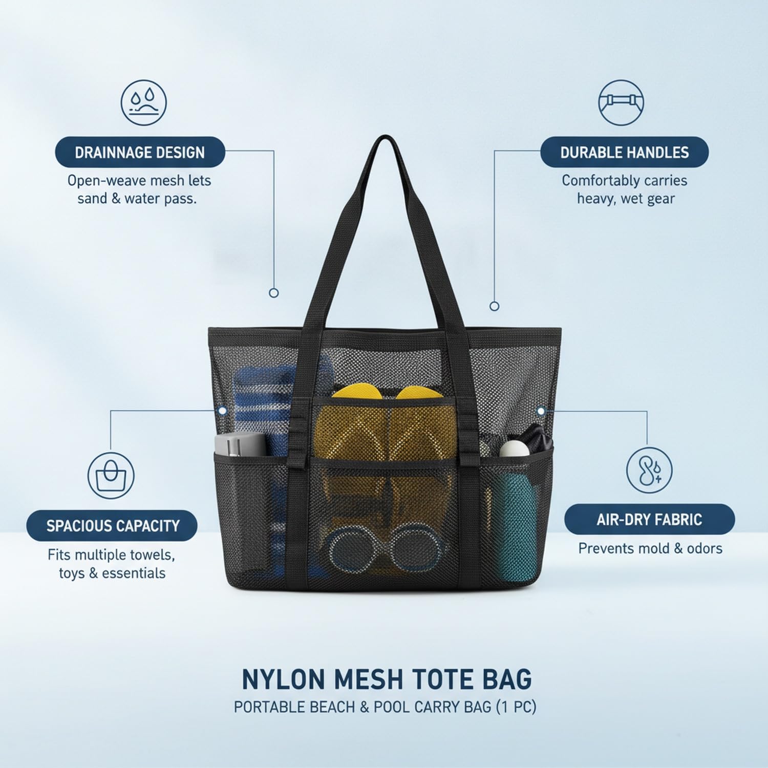 Nylon Mesh Beach Tote Bag Portable Pool Carry Bag with Handles