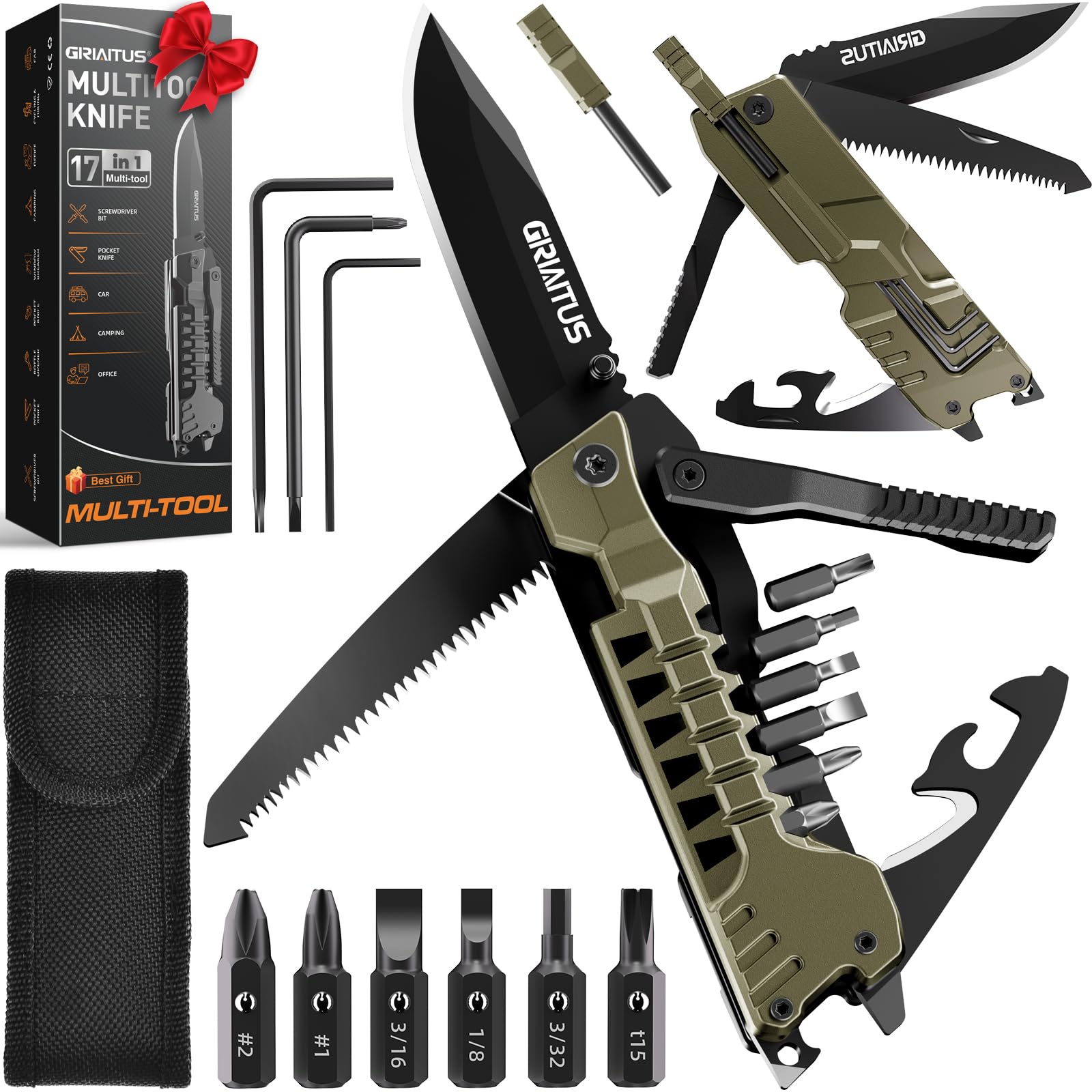 17 in 1 Multitool Knife with Fire Starter Saw Whistle Window Breaker