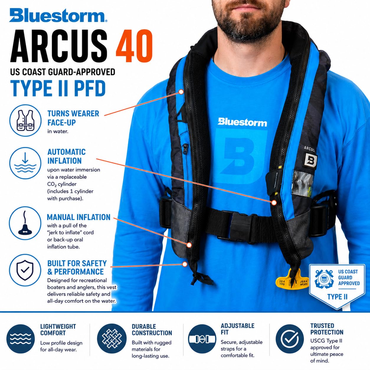 USCG Approved Automatic Inflatable PFD Life Jacket with Manual Ripcord