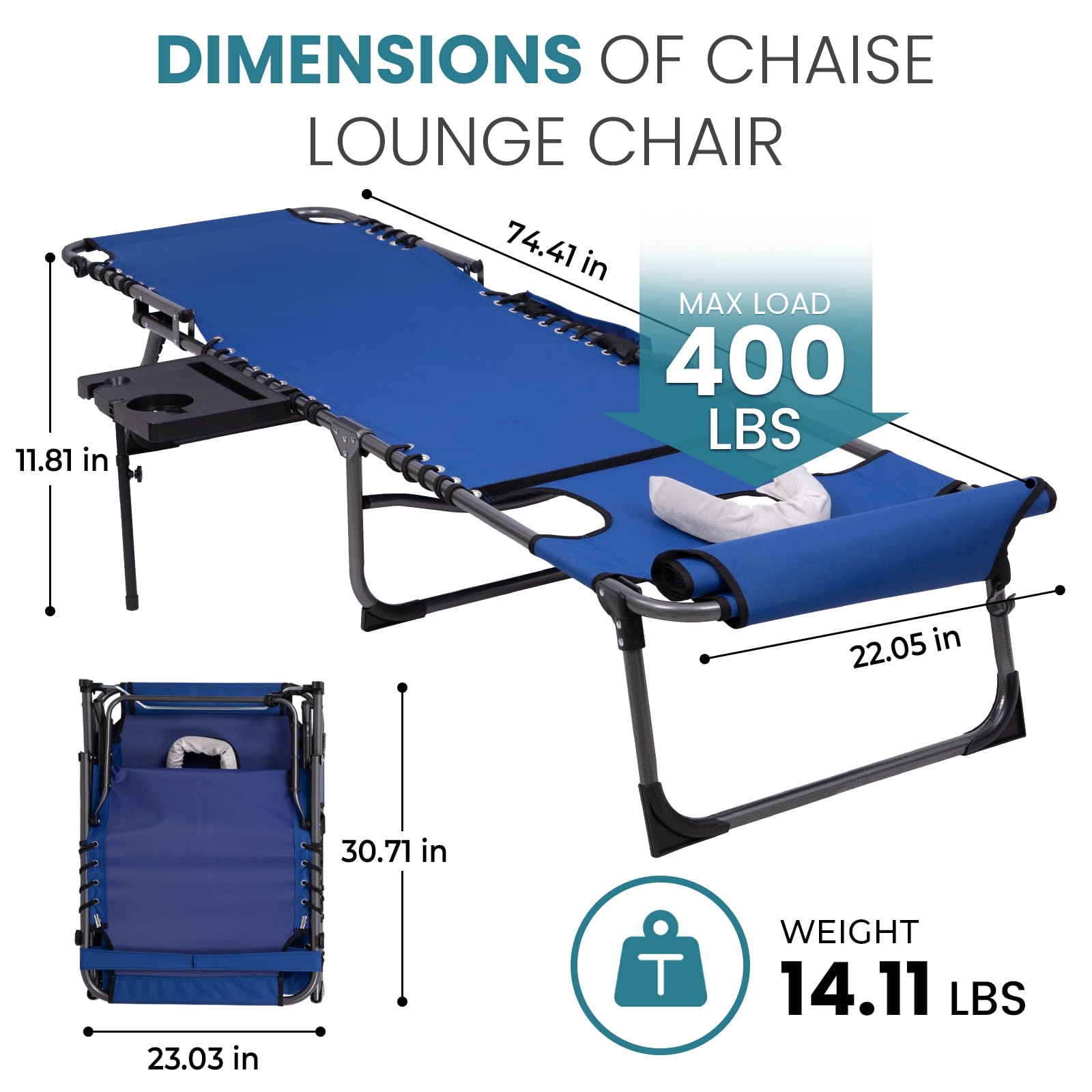 400lb Beach Lounge Chair with Face Hole Canopy and Side Table
