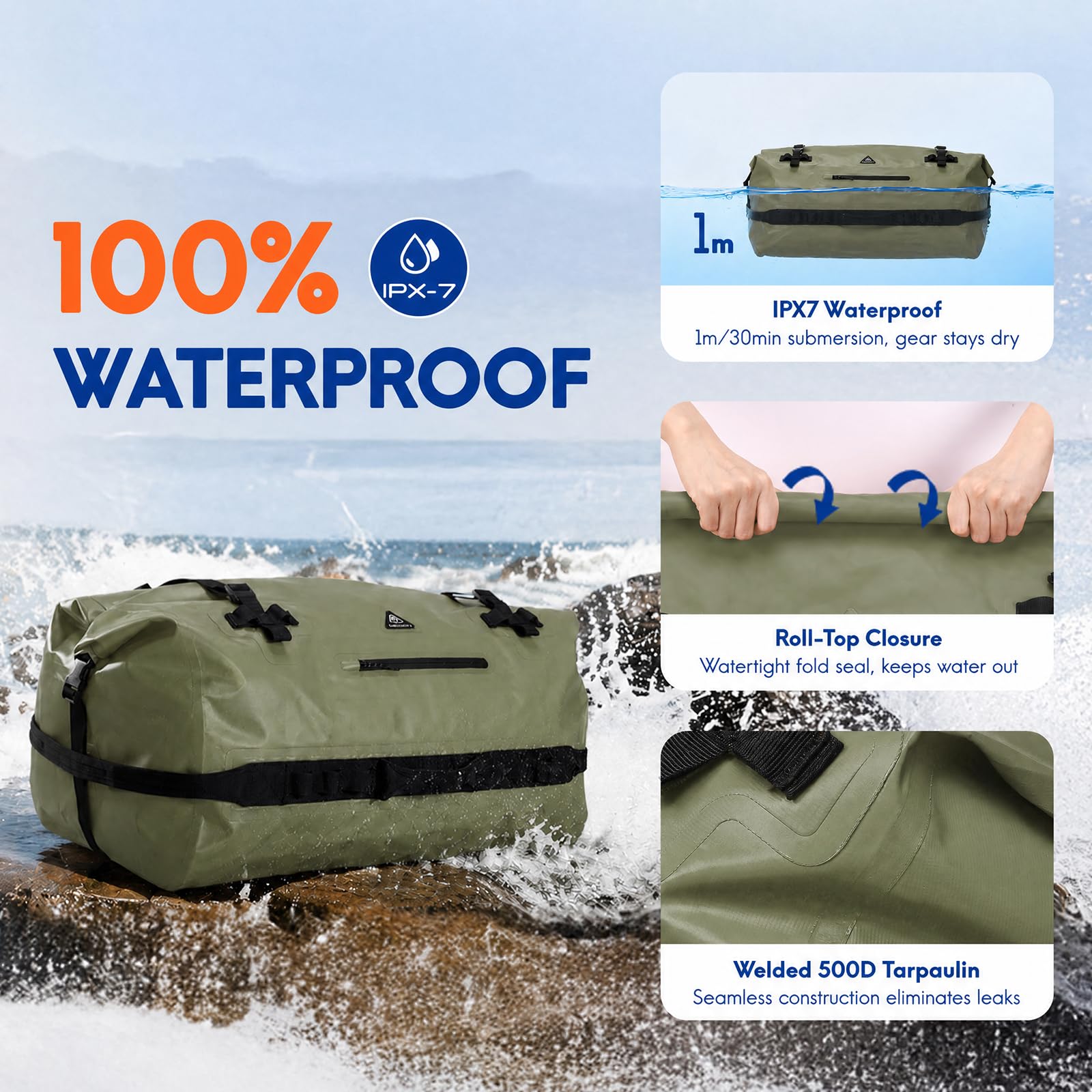 IPX7 Waterproof Roll Top Dry Duffel Backpack