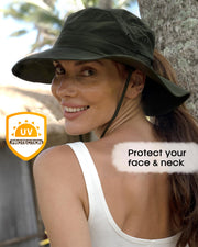 Womens Wide Brim Packable Ponytail Cowboy Sun Hat UV Protection