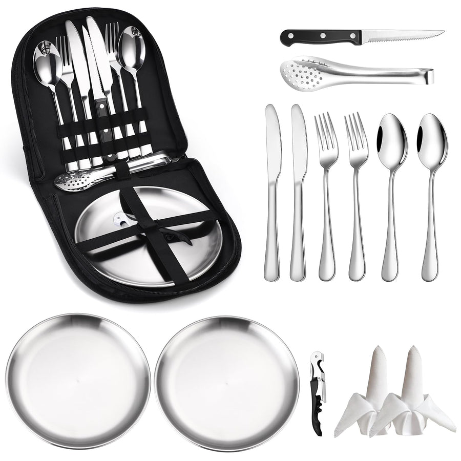 Stainless Steel Camping Silverware Kit with Cutlery Organizer