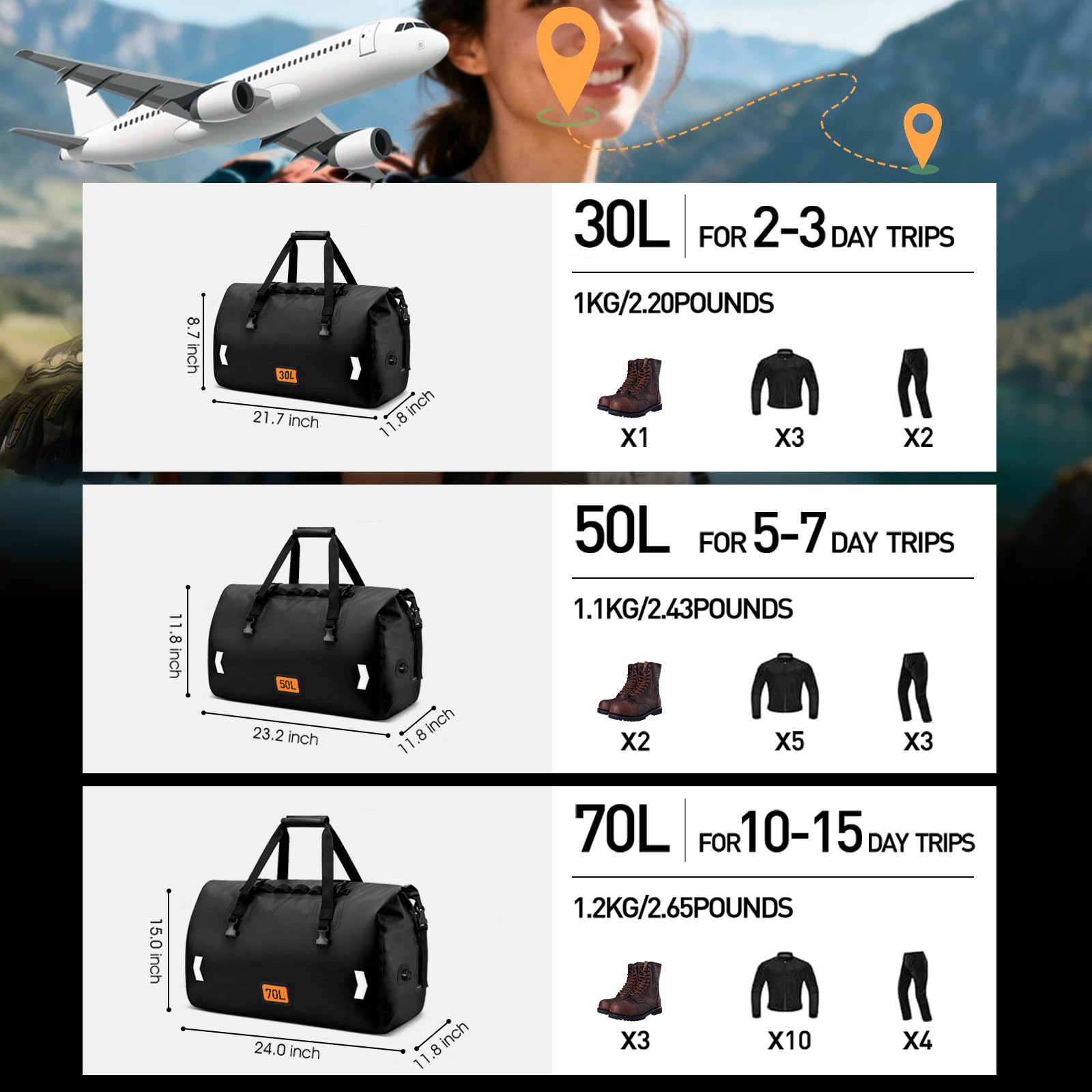 30L 50L 70L Waterproof Roll Top Motorcycle Duffel Dry Bag with Air Valve