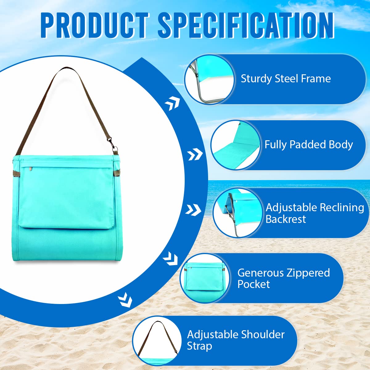 Extra Thick Portable Beach Mat Lounge Chair with Attached Zippered Tote