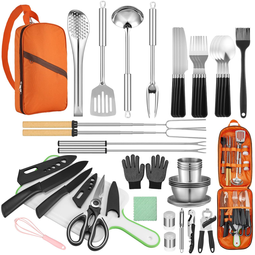 Camping Cooking Utensil Set Stainless Steel Silicone Camp Kitchen Gear