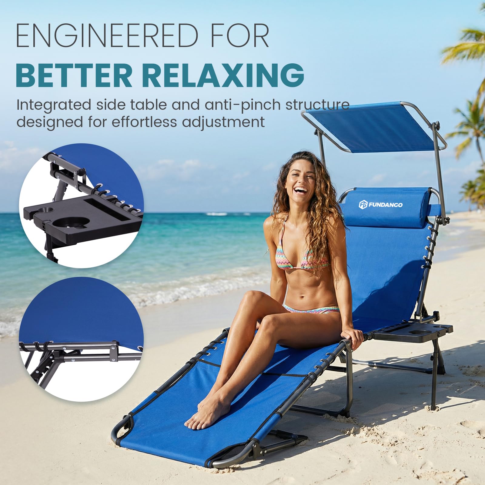 400lb Beach Lounge Chair with Face Hole Canopy and Side Table