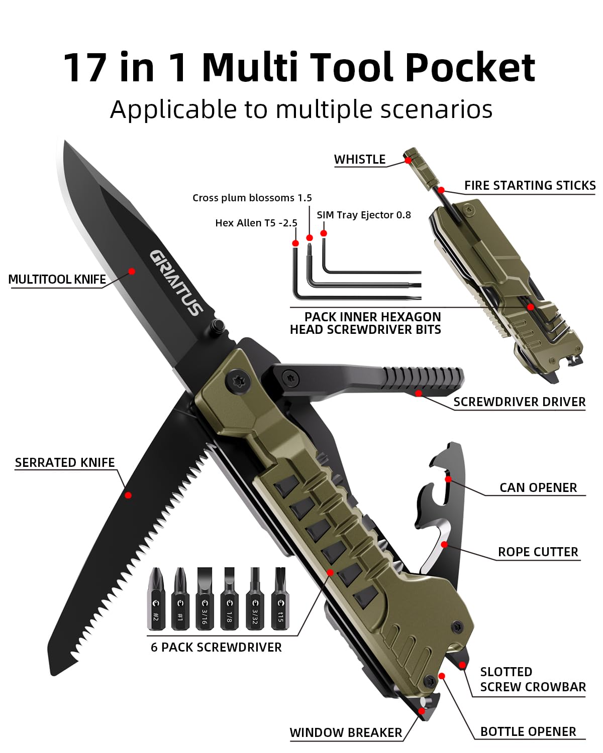 17 in 1 Multitool Knife with Fire Starter Saw Whistle Window Breaker