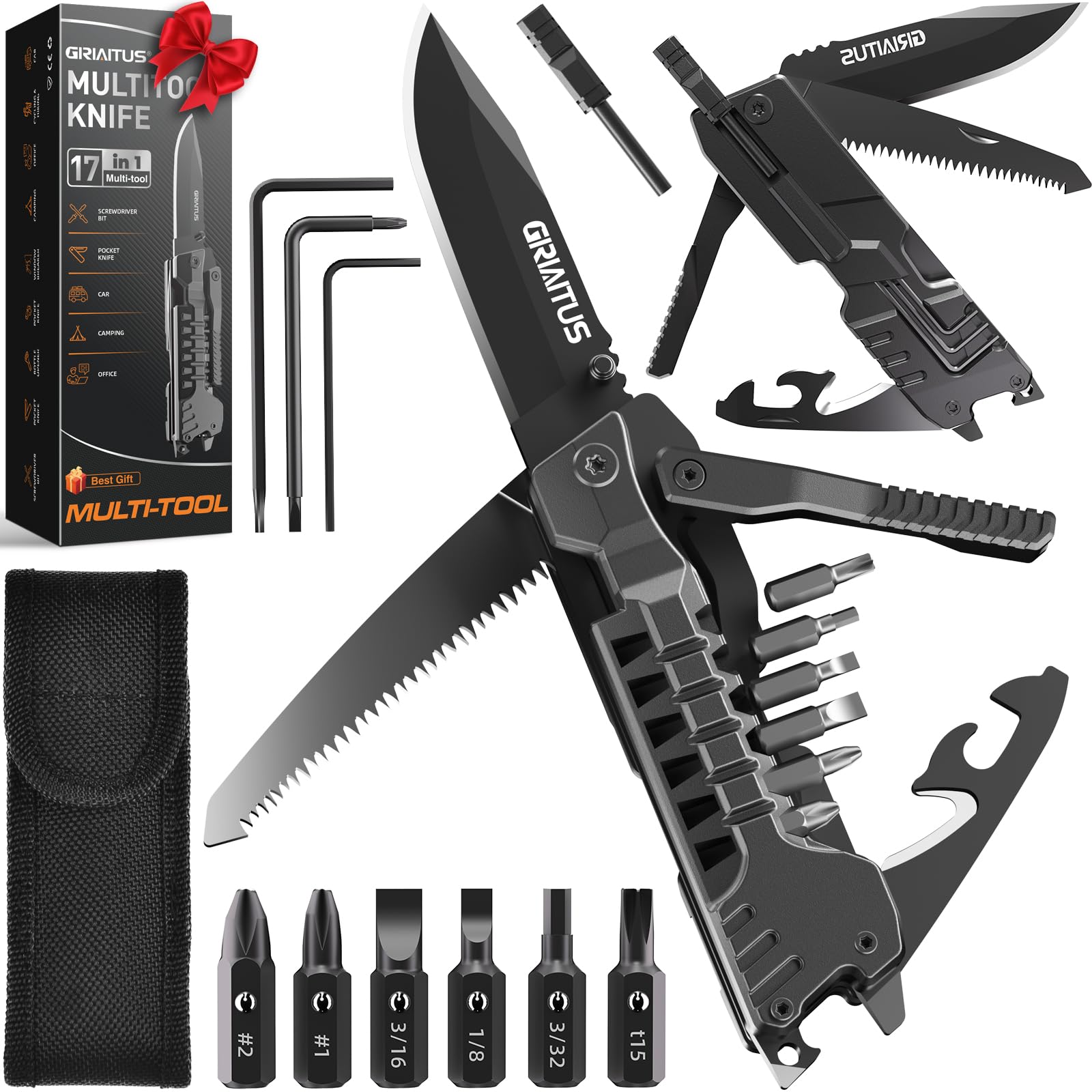 17 in 1 Multitool Knife with Fire Starter Saw Whistle Window Breaker