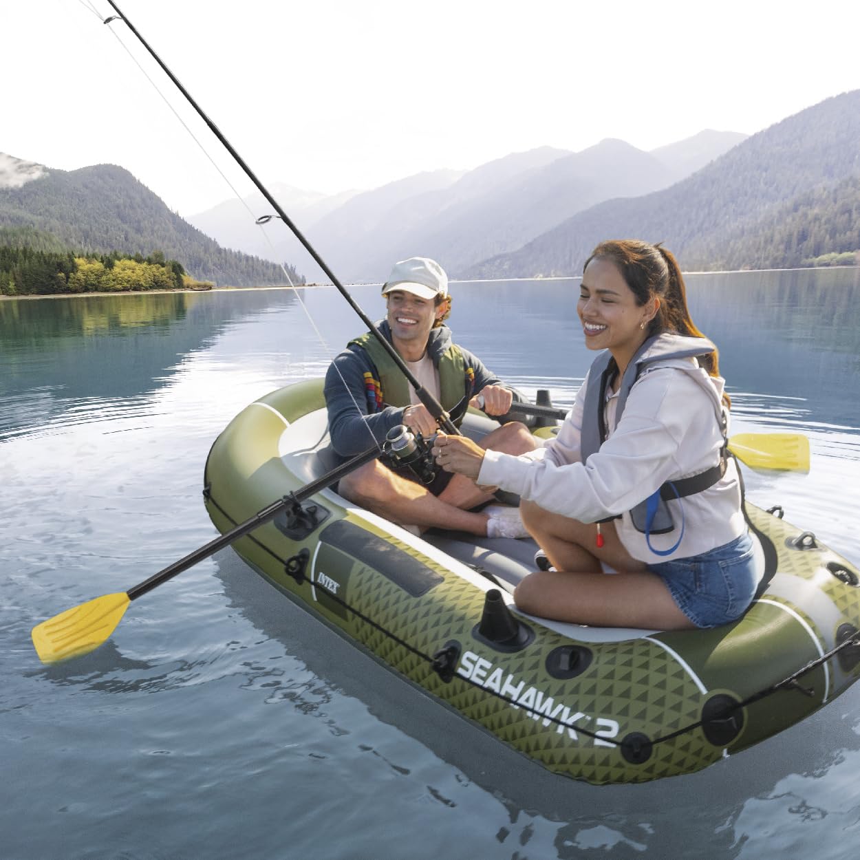 Inflatable Fishing Boat with Oars Pump Rod Holders and Gear Pouch