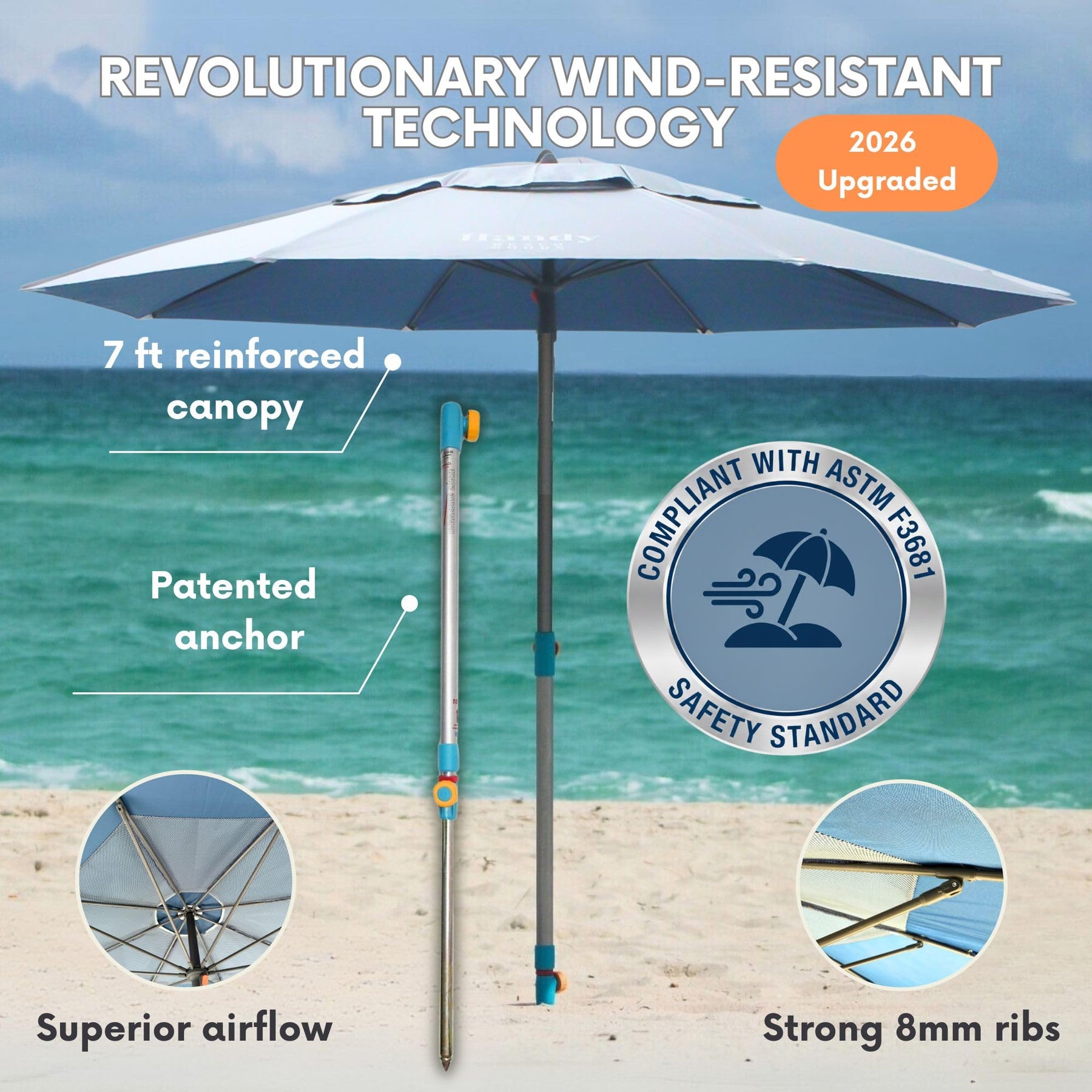 7ft Heavy Duty Beach Umbrella Easy Setup Anchor UPF 55 Protection