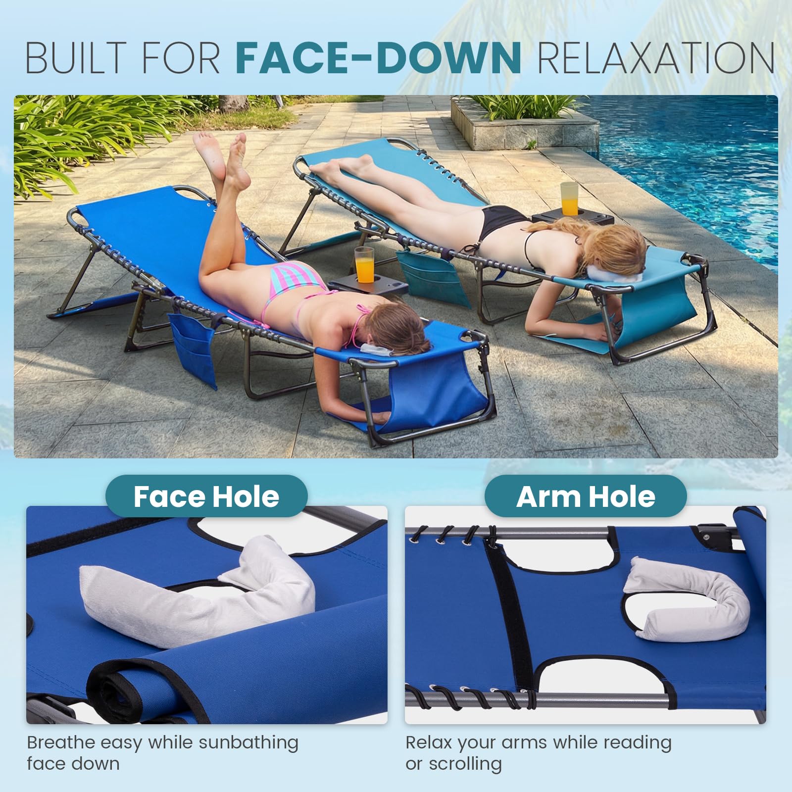 400lb Beach Lounge Chair with Face Hole Canopy and Side Table