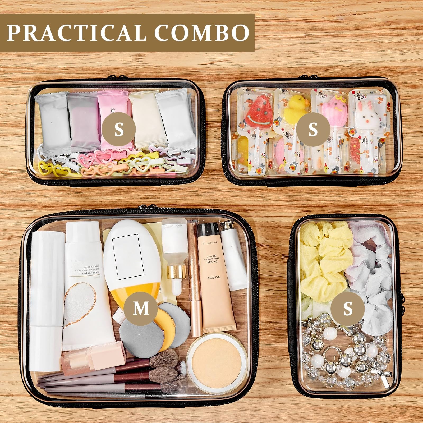 4 Piece Clear Hard Shell Zipper Pouches Travel Toiletry Organizer