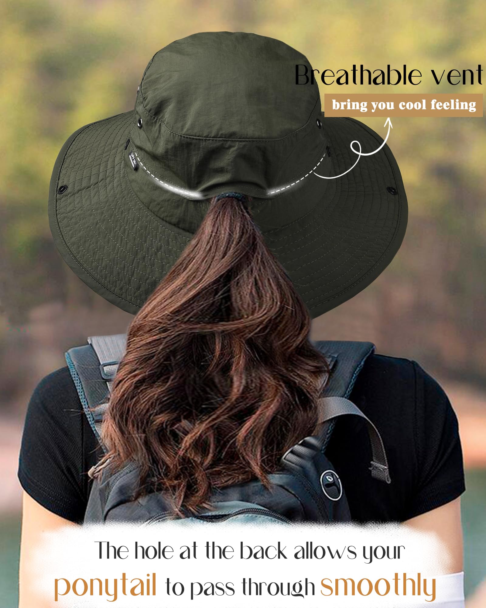 Womens Wide Brim Packable Ponytail Cowboy Sun Hat UV Protection