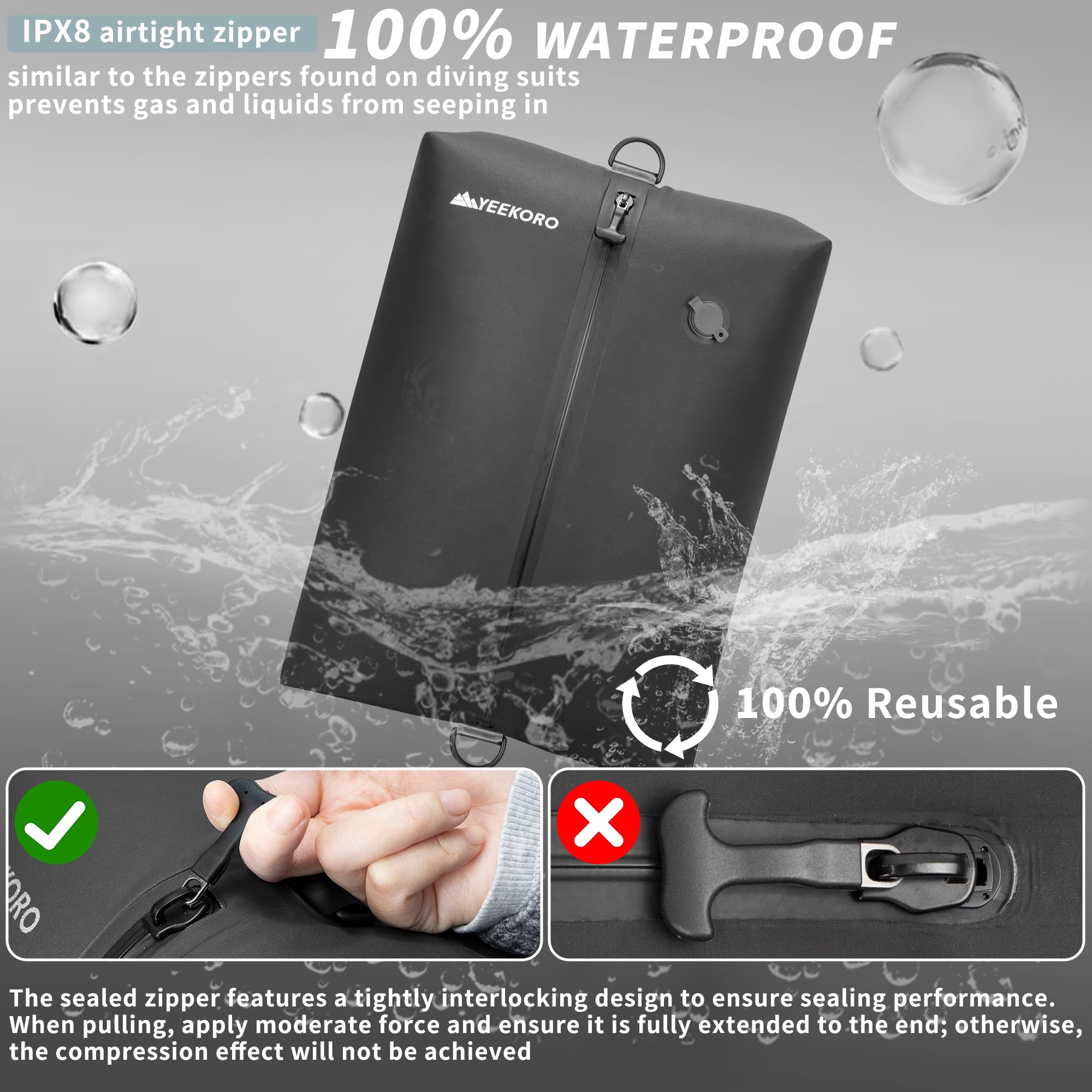 IPX8 Waterproof Reusable Travel Vacuum Compression Bags for Suitcases