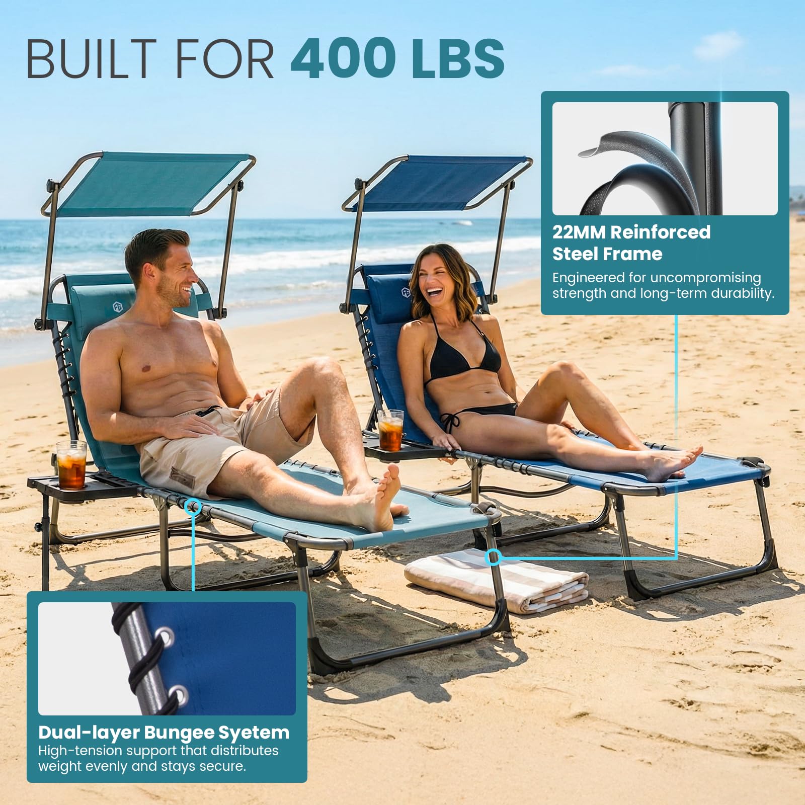 400lb Beach Lounge Chair with Face Hole Canopy and Side Table