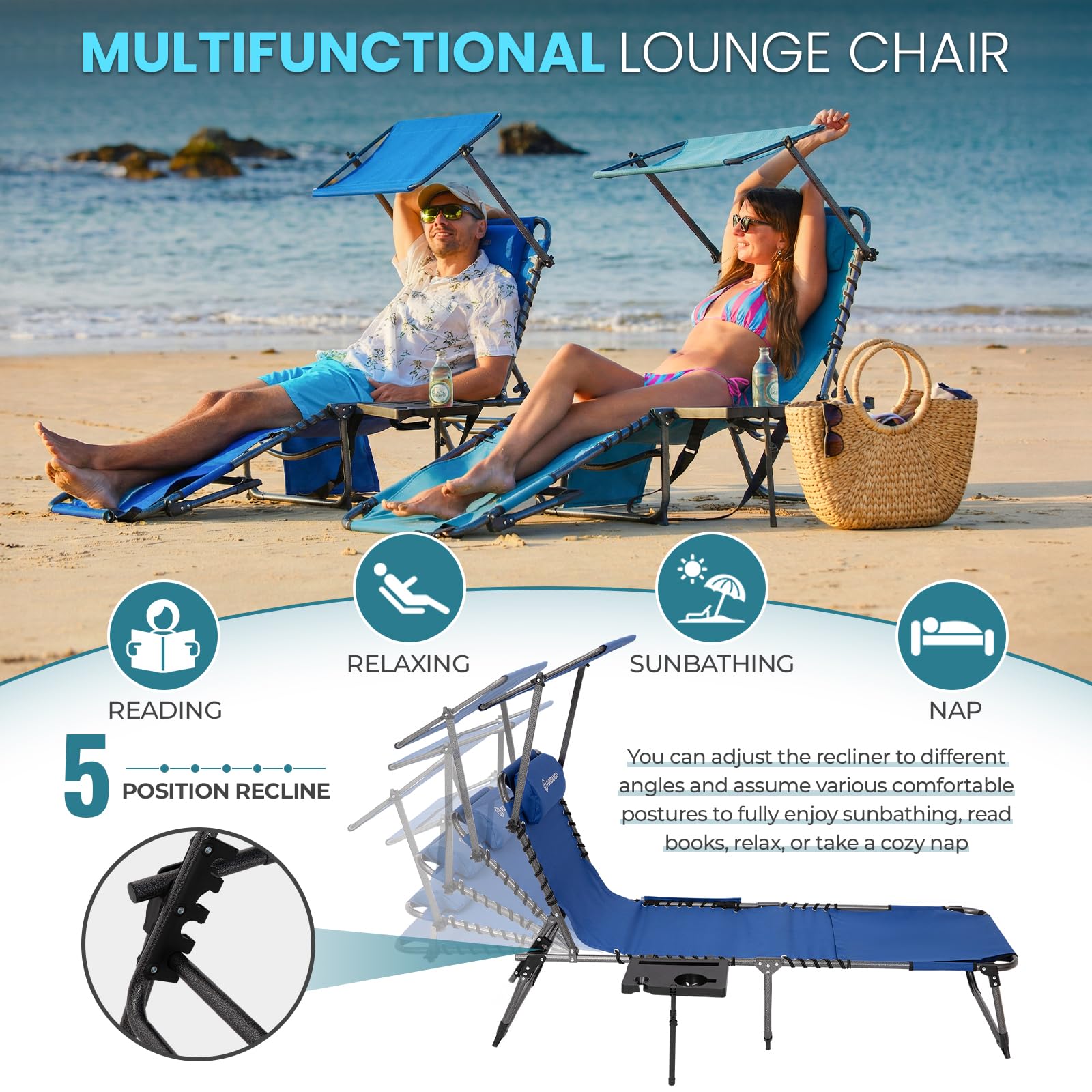400lb Beach Lounge Chair with Face Hole Canopy and Side Table