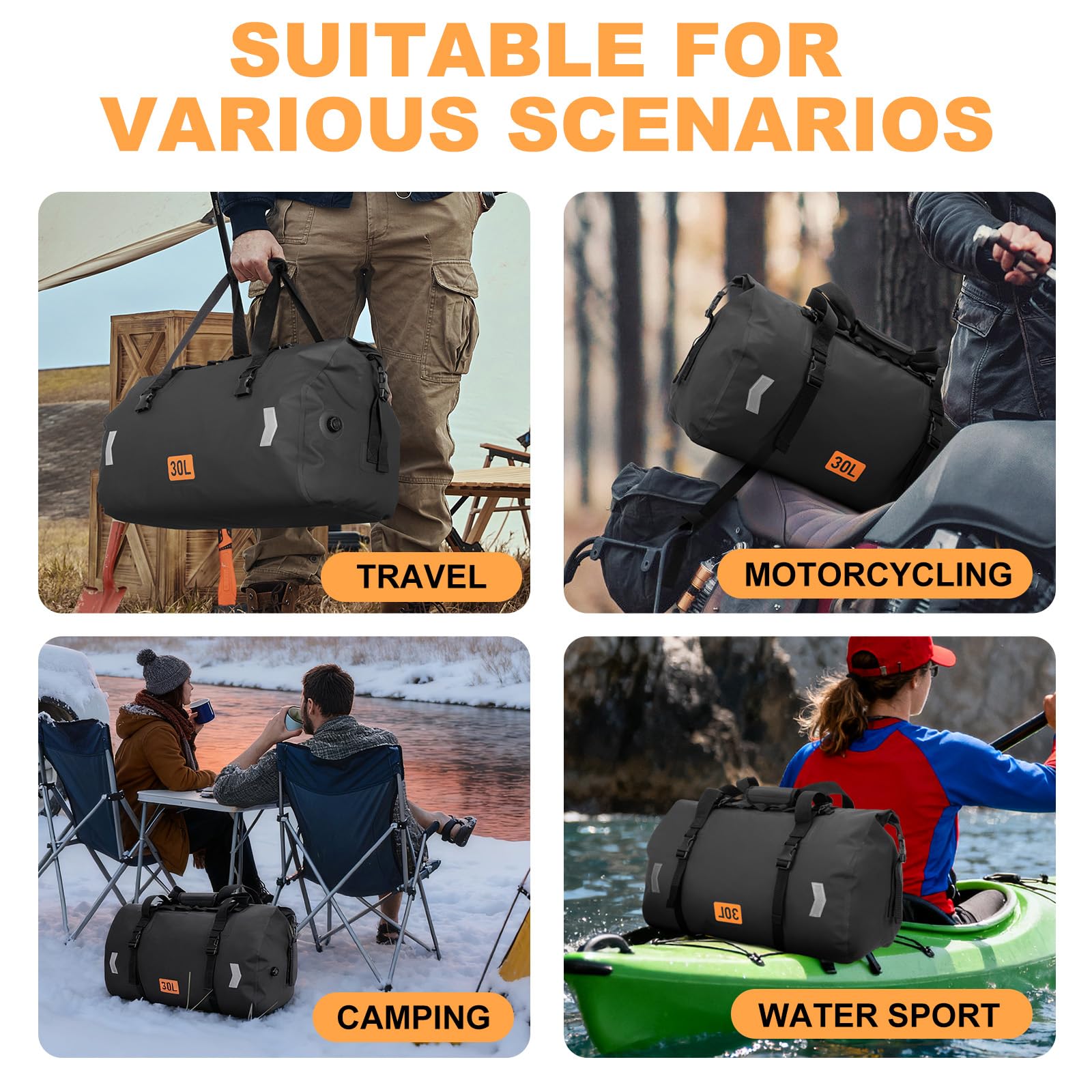 30L 50L 70L Waterproof Roll Top Motorcycle Duffel Dry Bag with Air Valve