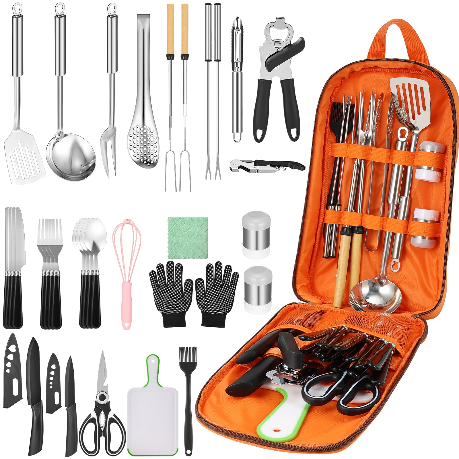 Camping Cooking Utensil Set Stainless Steel Silicone Camp Kitchen Gear