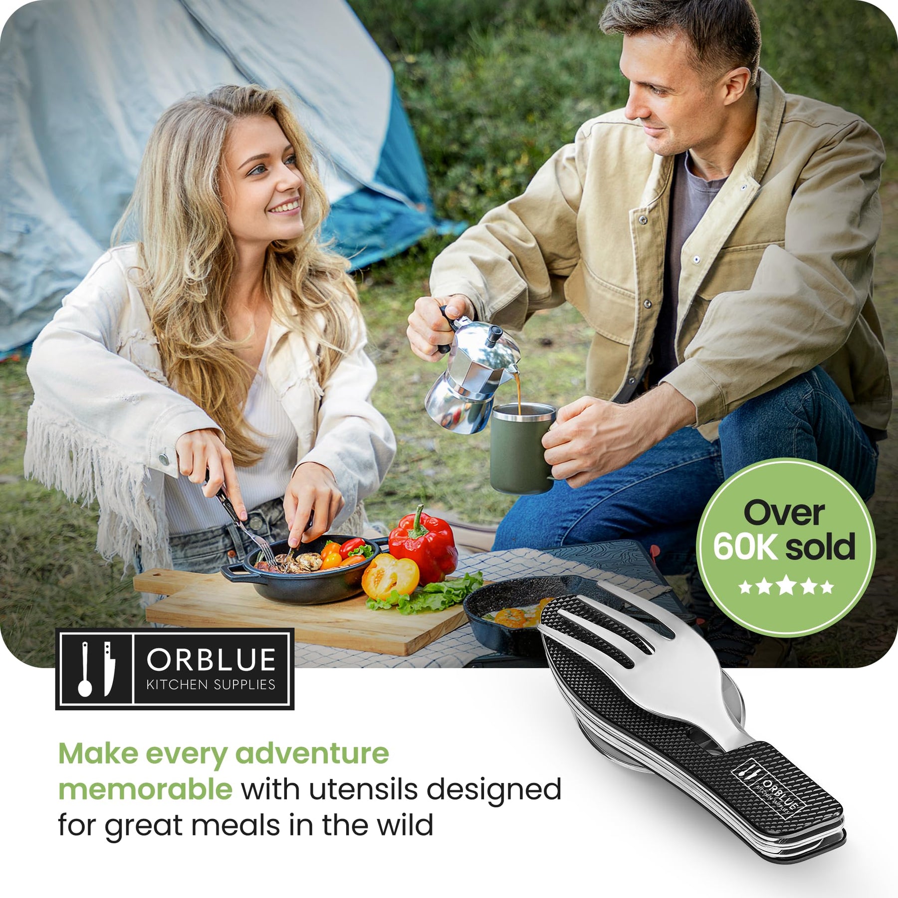 2 Pack Stainless Steel 4 in 1 Camping Utensils with Bottle Opener