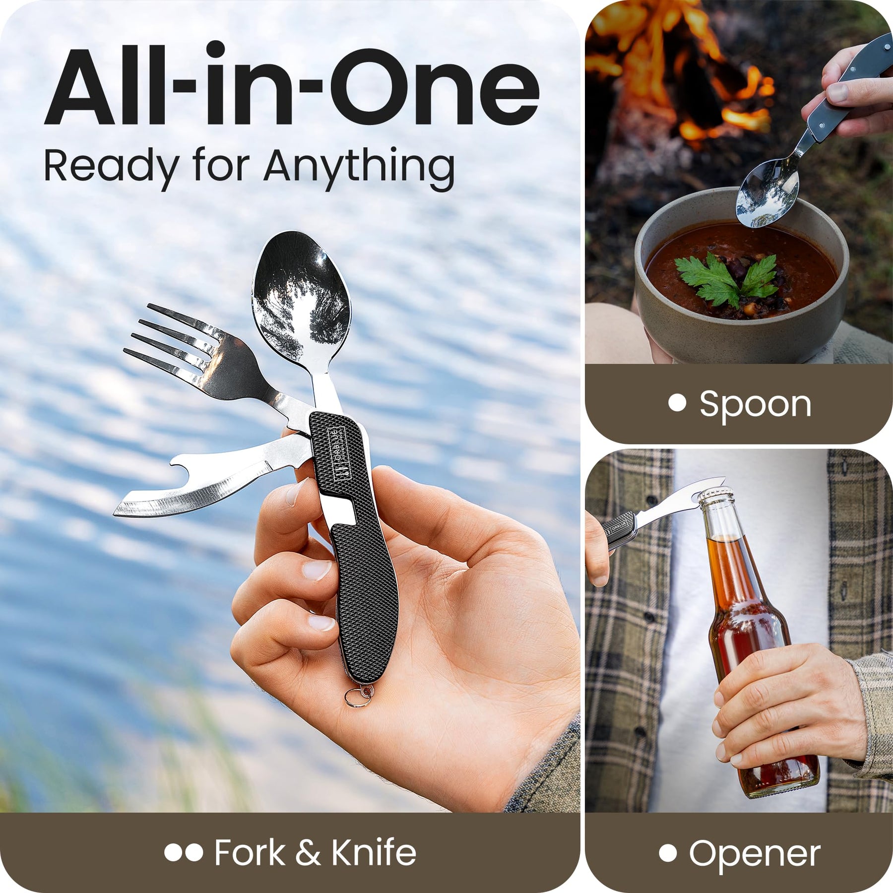 2 Pack Stainless Steel 4 in 1 Camping Utensils with Bottle Opener