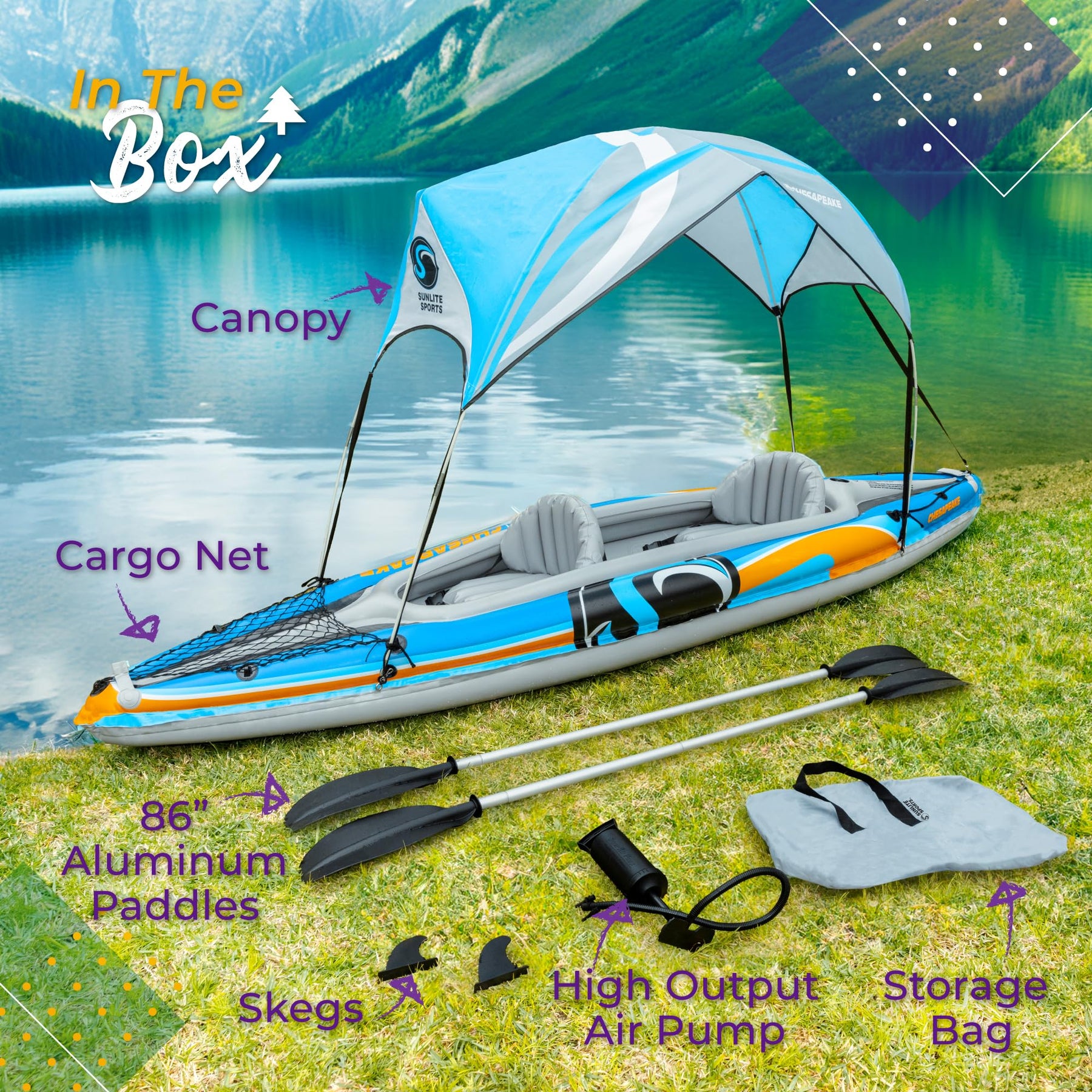 Two Person Inflatable Kayak with Canopy Oars Pump and Carry Bag