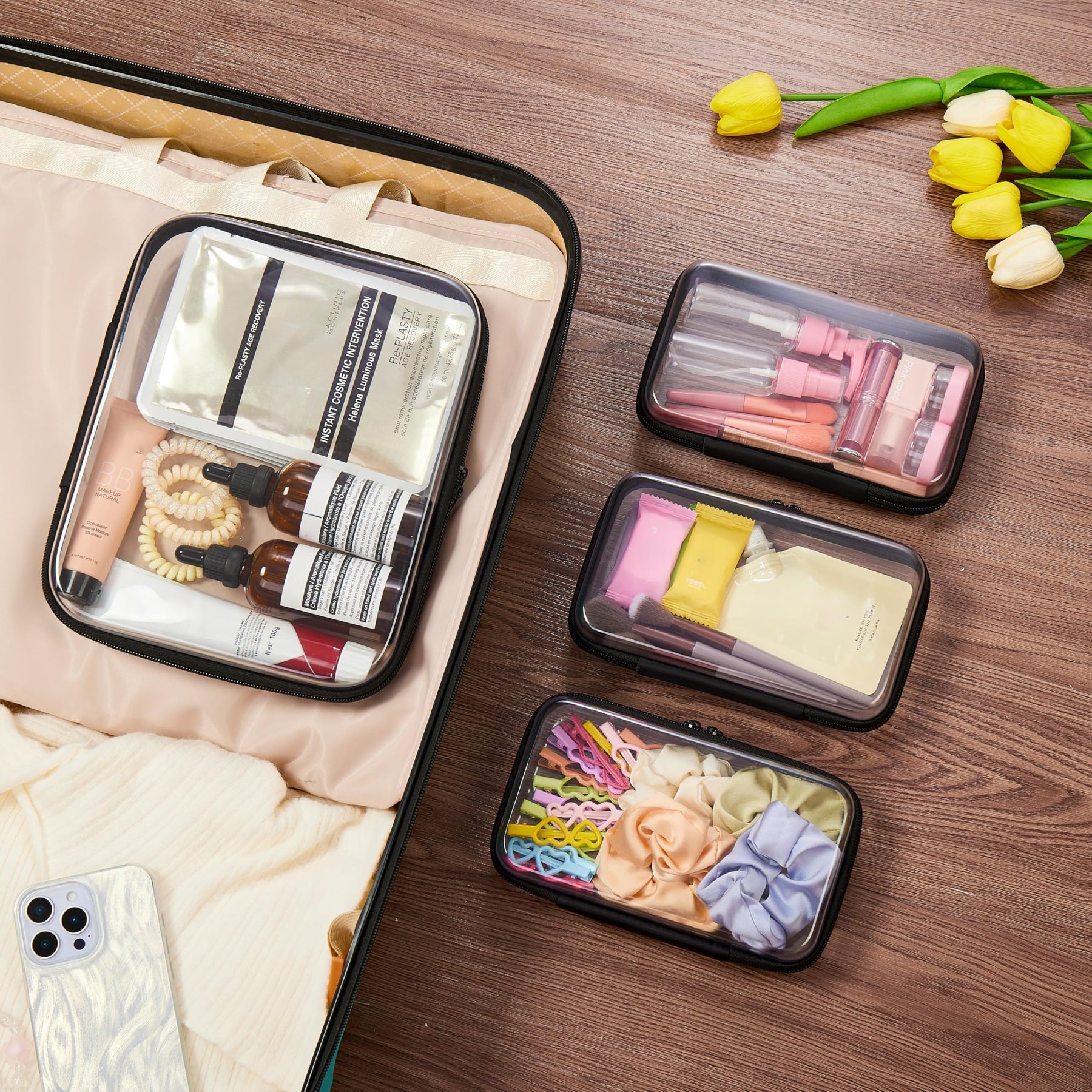 4 Piece Clear Hard Shell Zipper Pouches Travel Toiletry Organizer